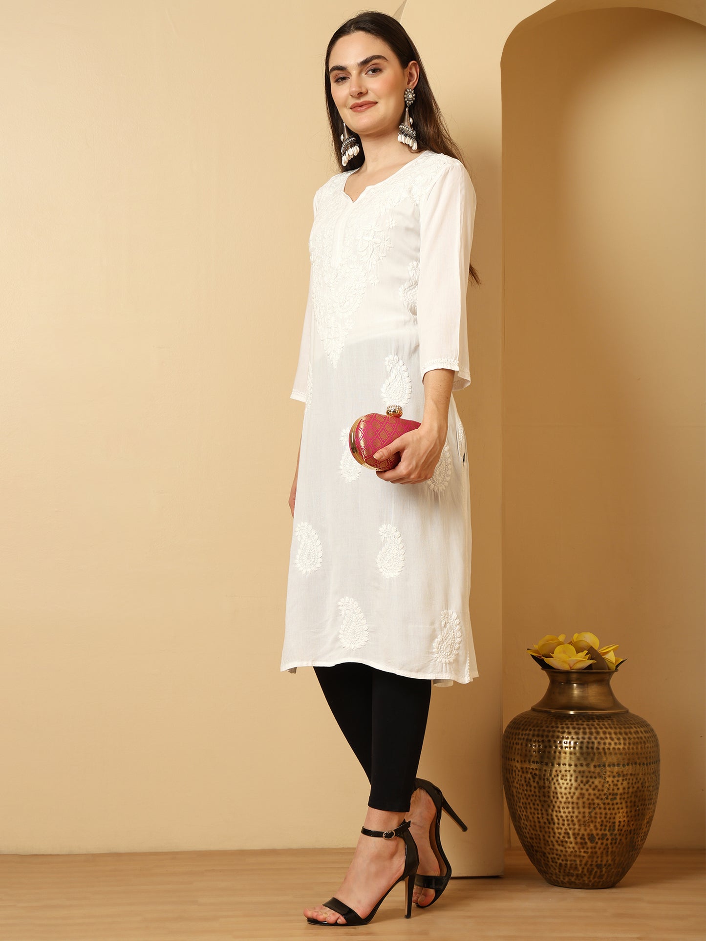 White Rayon Lucknowi Chikankari Long Kurta for Women with Hand Embroidery – Ethnic Wear Kurti