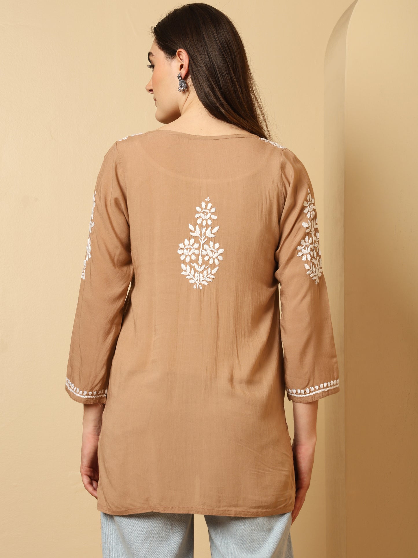 Brown Modal Lucknowi Chikankari Short Kurti for Women with White Hand Embroidery – Ethnic Wear Kurta