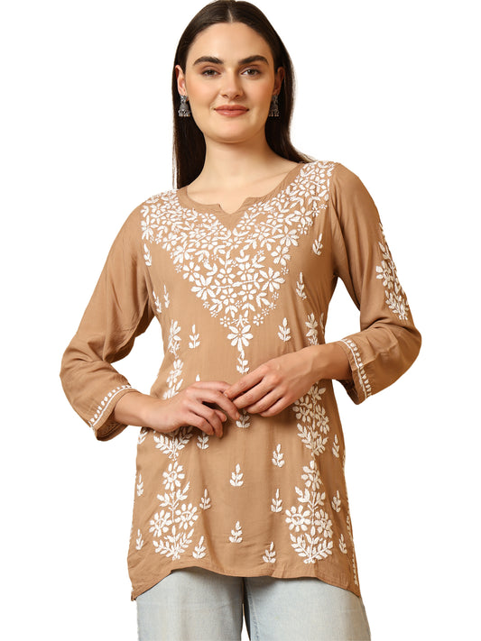 Brown Modal Lucknowi Chikankari Short Kurti for Women with White Hand Embroidery – Ethnic Wear Kurta