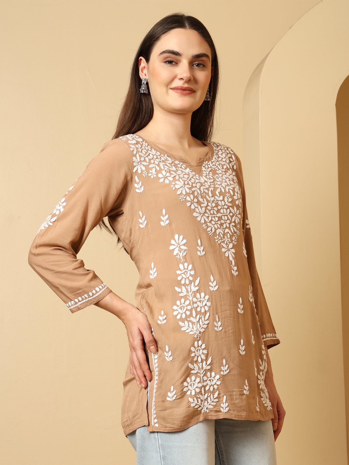 Brown Modal Lucknowi Chikankari Short Kurti for Women with White Hand Embroidery – Ethnic Wear Kurta