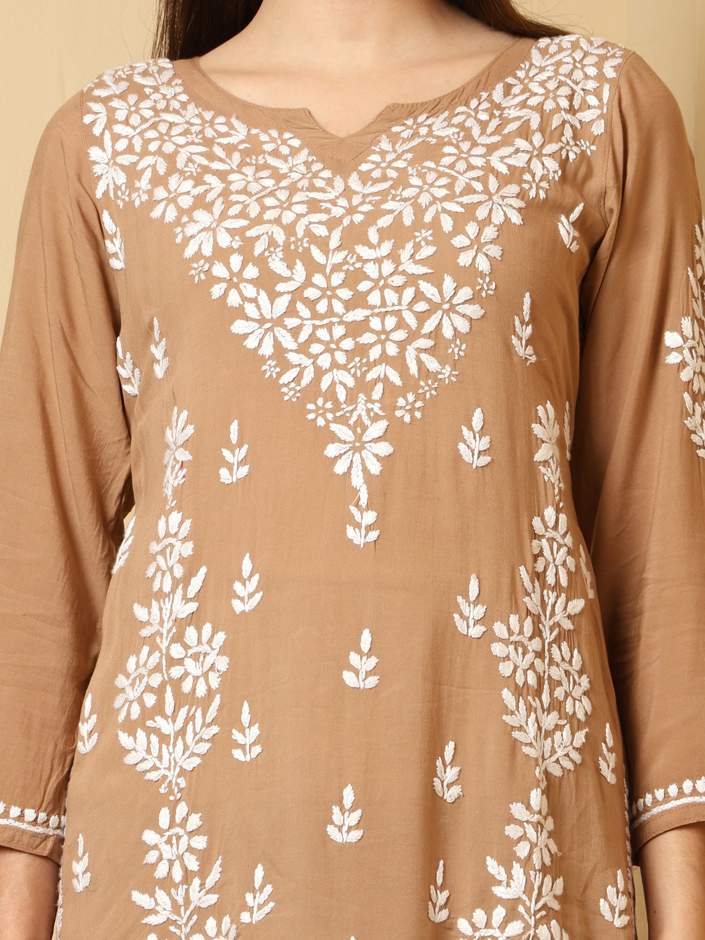 Brown Modal Lucknowi Chikankari Short Kurti for Women with White Hand Embroidery – Ethnic Wear Kurta