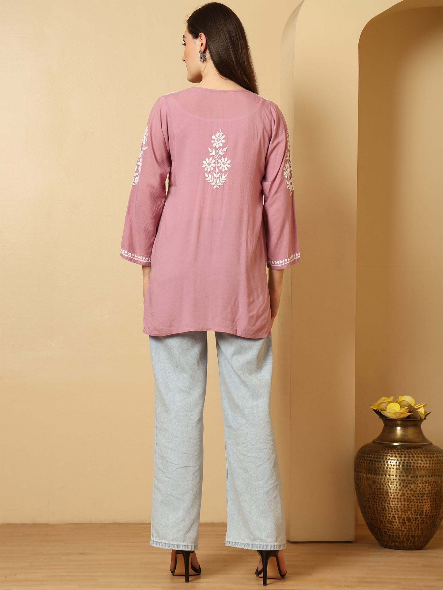 Lavender Modal Lucknowi Chikankari Short Kurti for Women with White Hand Embroidery – Ethnic Wear Kurta