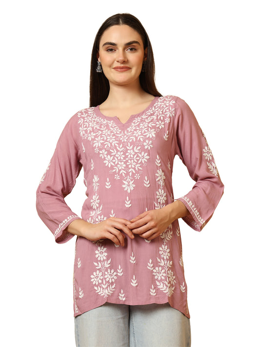 Lavender Modal Lucknowi Chikankari Short Kurti for Women with White Hand Embroidery – Ethnic Wear Kurta