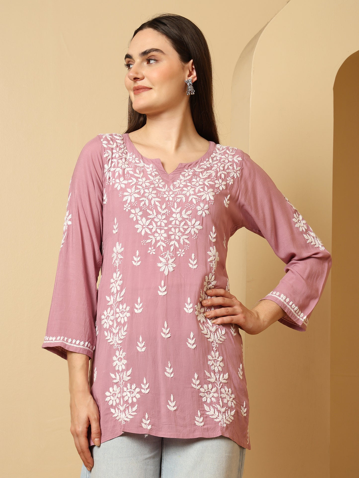Lavender Modal Lucknowi Chikankari Short Kurti for Women with White Hand Embroidery – Ethnic Wear Kurta