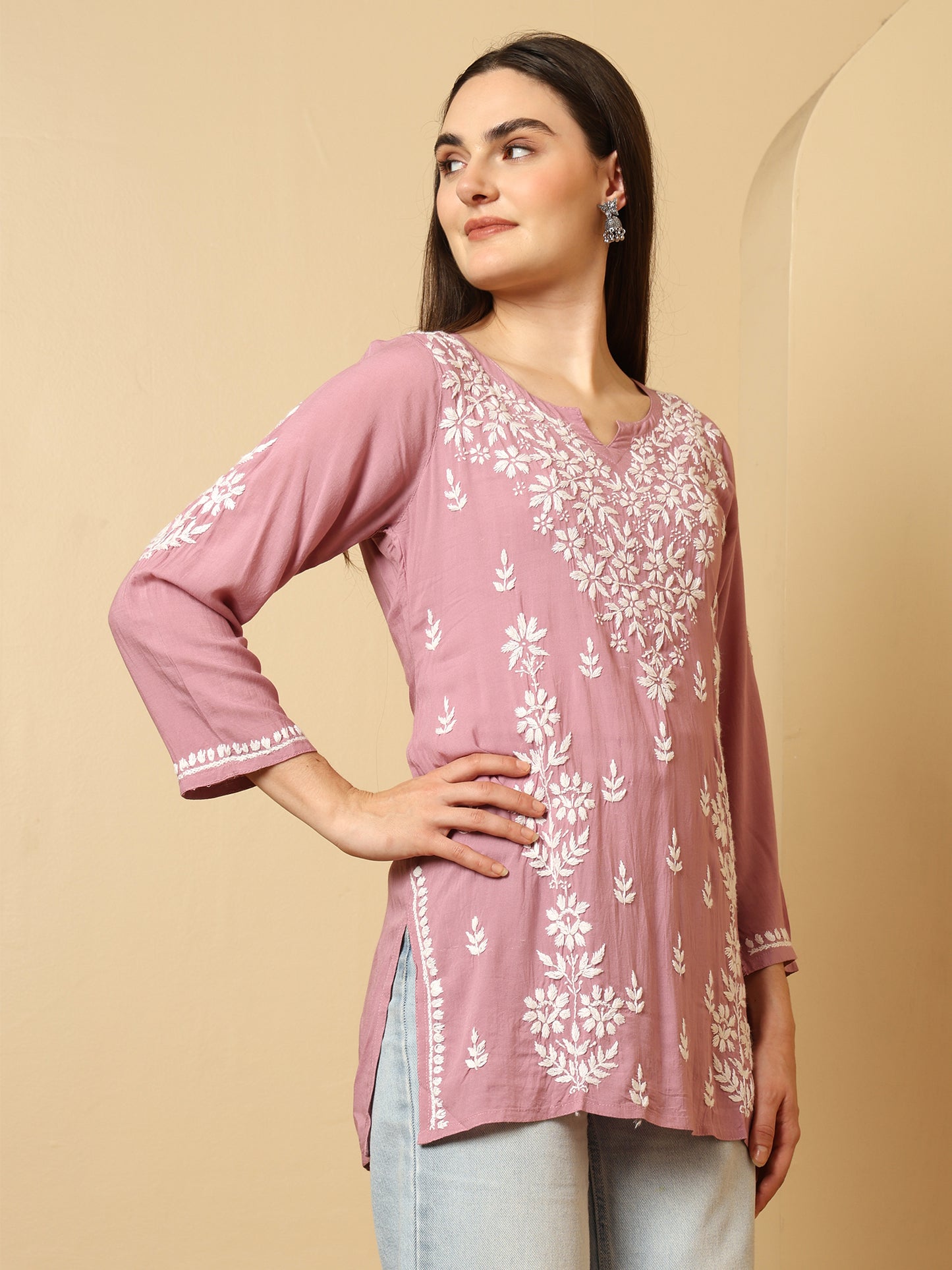 Lavender Modal Lucknowi Chikankari Short Kurti for Women with White Hand Embroidery – Ethnic Wear Kurta