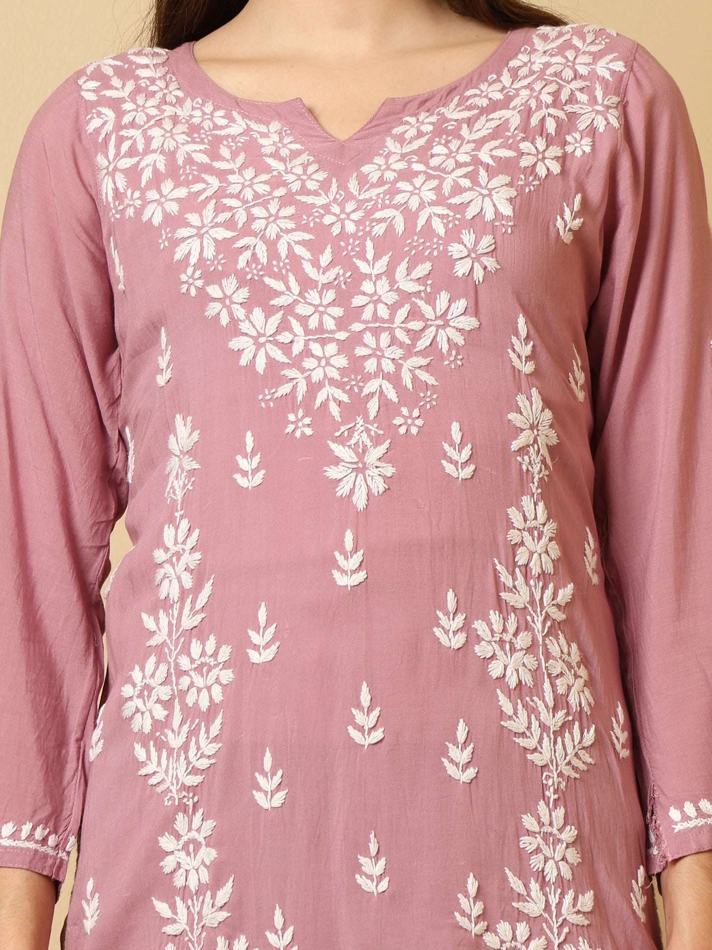 Lavender Modal Lucknowi Chikankari Short Kurti for Women with White Hand Embroidery – Ethnic Wear Kurta