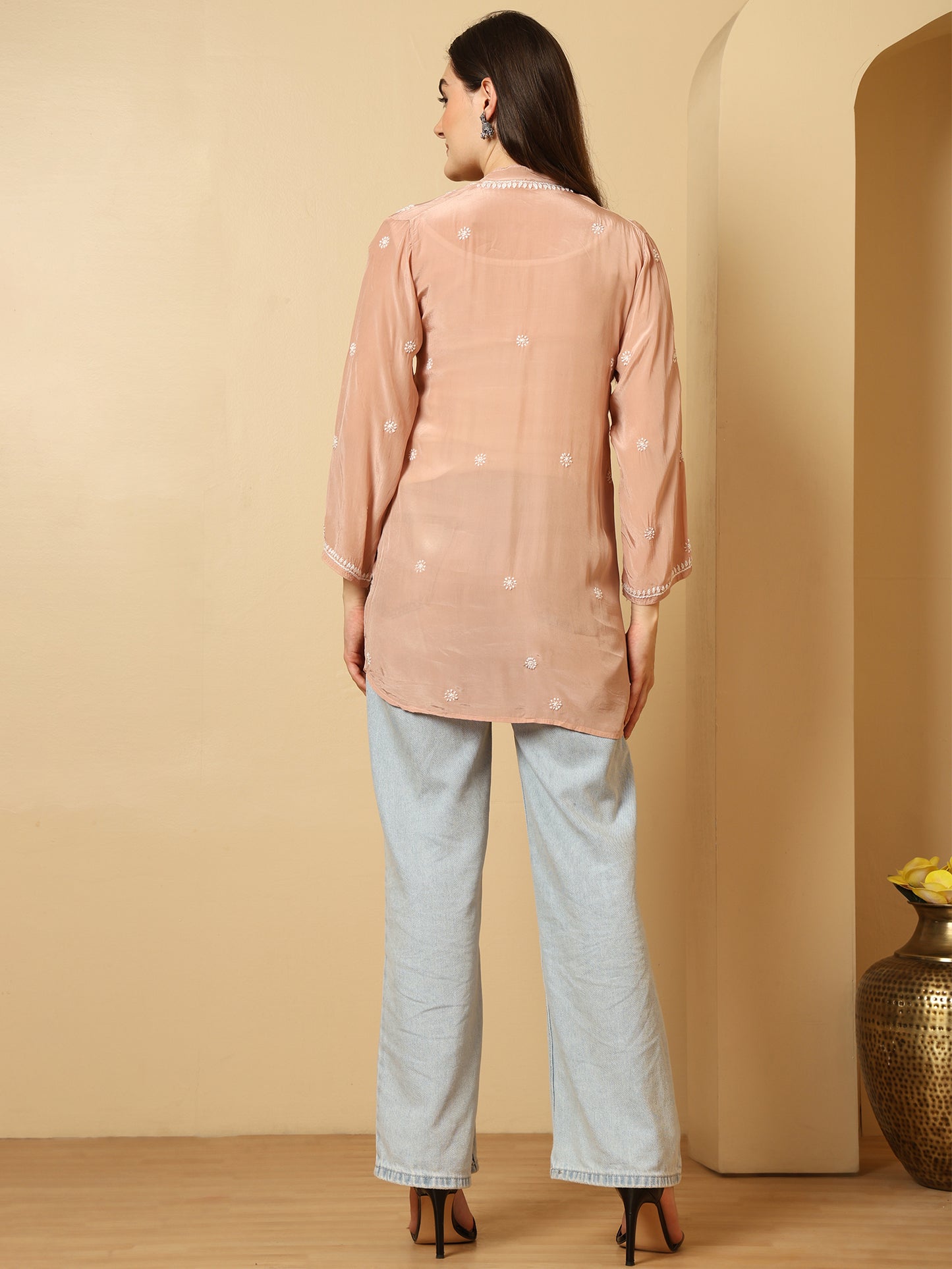 Champagne Pink Crepe Silk Lucknowi Chikankari Short Kurti for Women with Hand Embroidery – Ethnic Wear Top