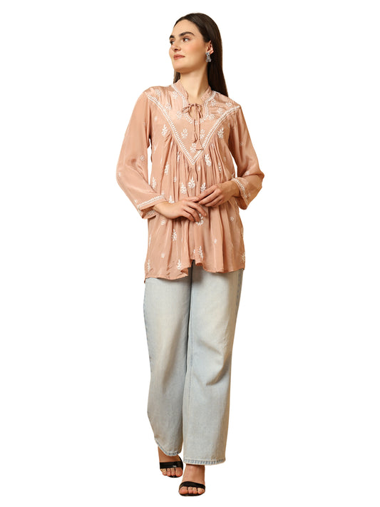 Champagne Pink Crepe Silk Lucknowi Chikankari Short Kurti for Women with Hand Embroidery – Ethnic Wear Top
