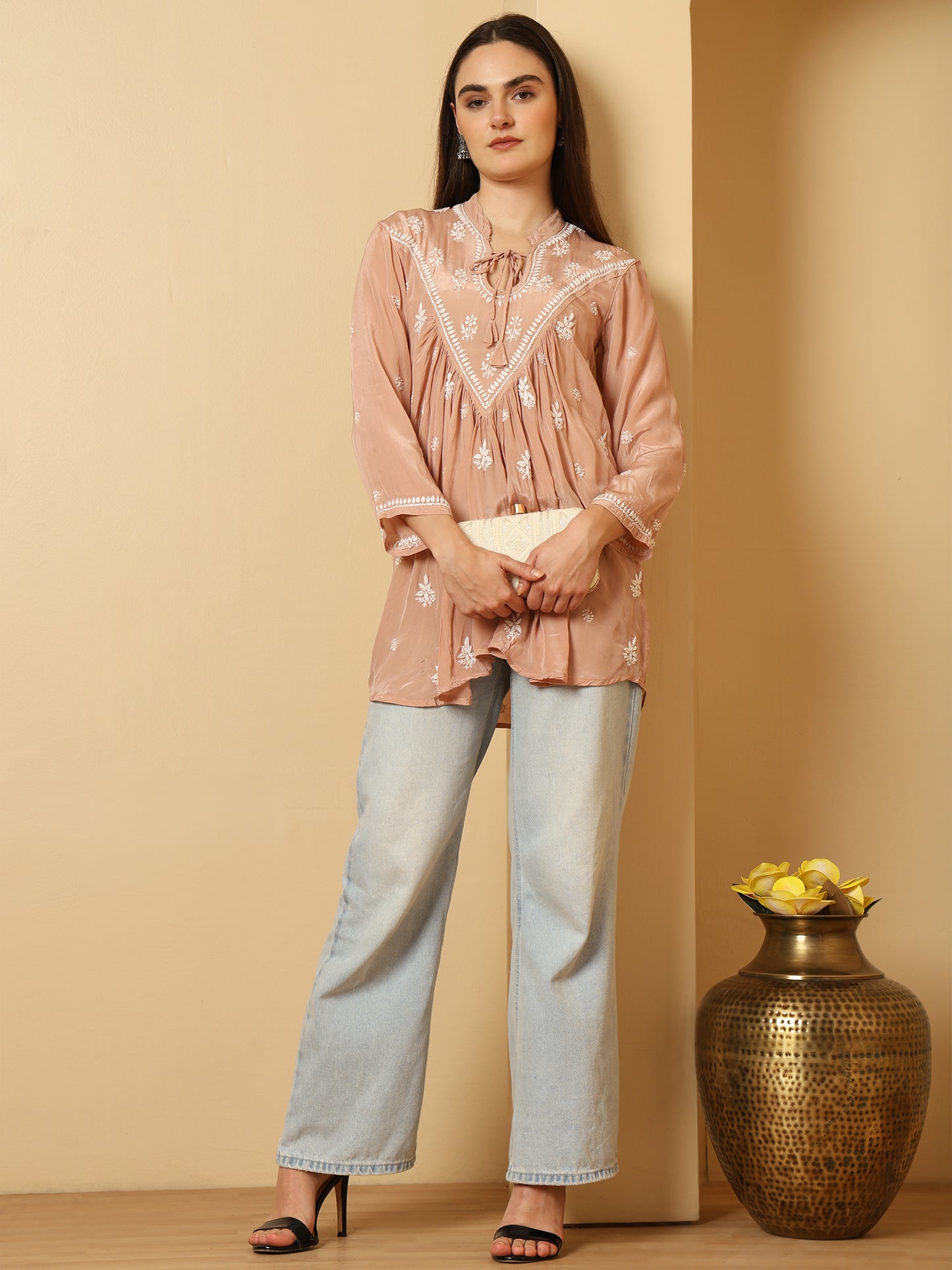 Champagne Pink Crepe Silk Lucknowi Chikankari Short Kurti for Women with Hand Embroidery – Ethnic Wear Top