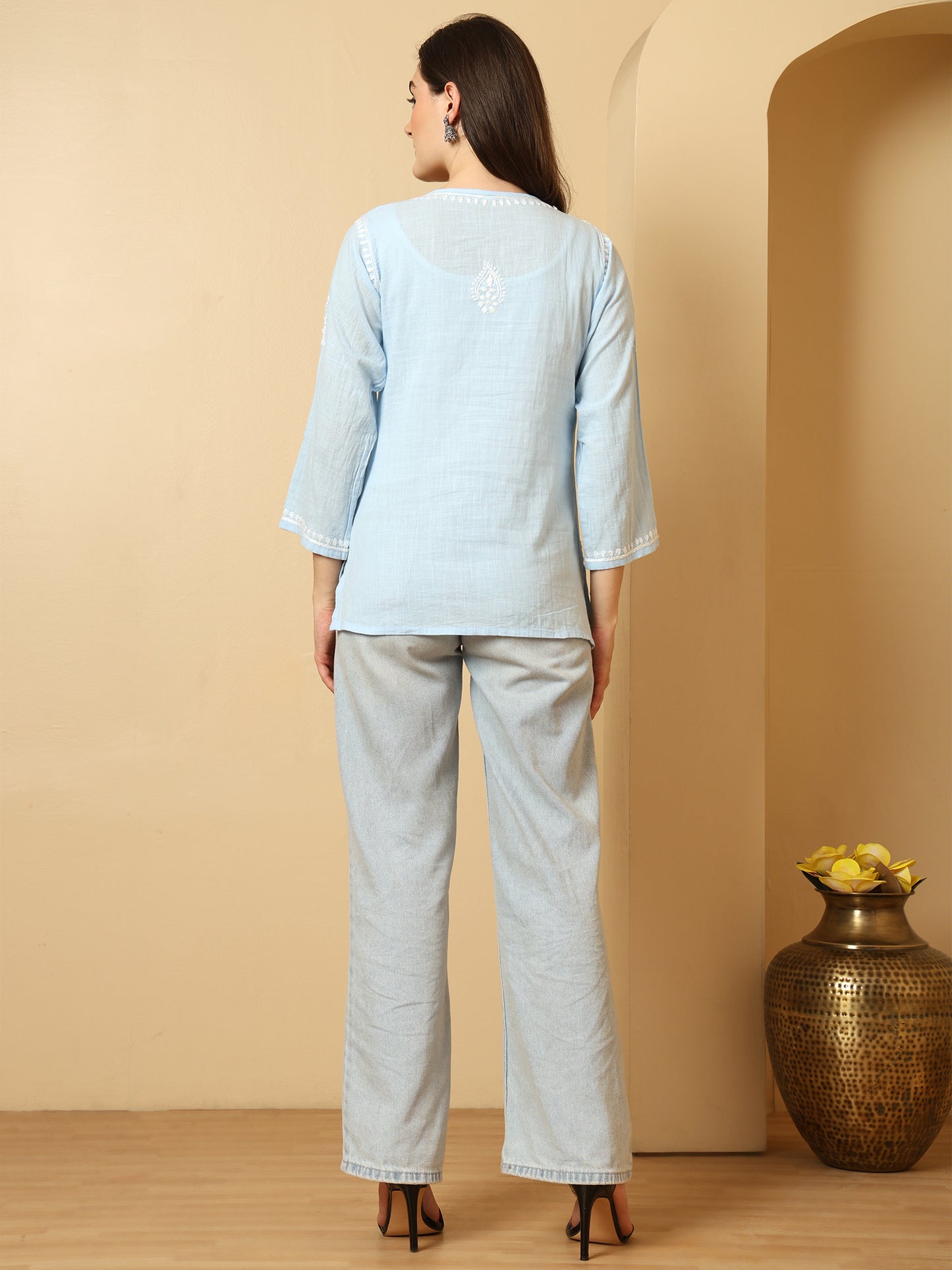 Blue Linen Lucknowi Chikankari Short Kurti for Women with Hand Embroidery – Daily Ethnic Wear Top
