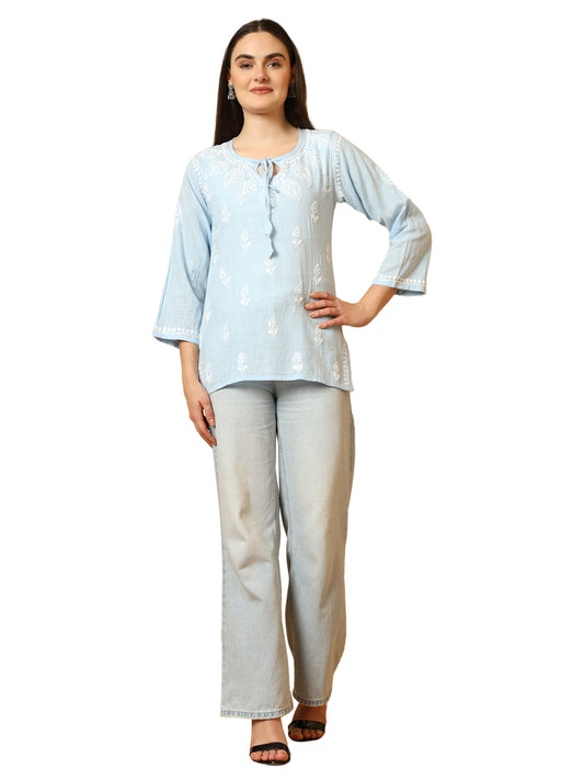 Blue Linen Lucknowi Chikankari Short Kurti for Women with Hand Embroidery – Daily Ethnic Wear Top