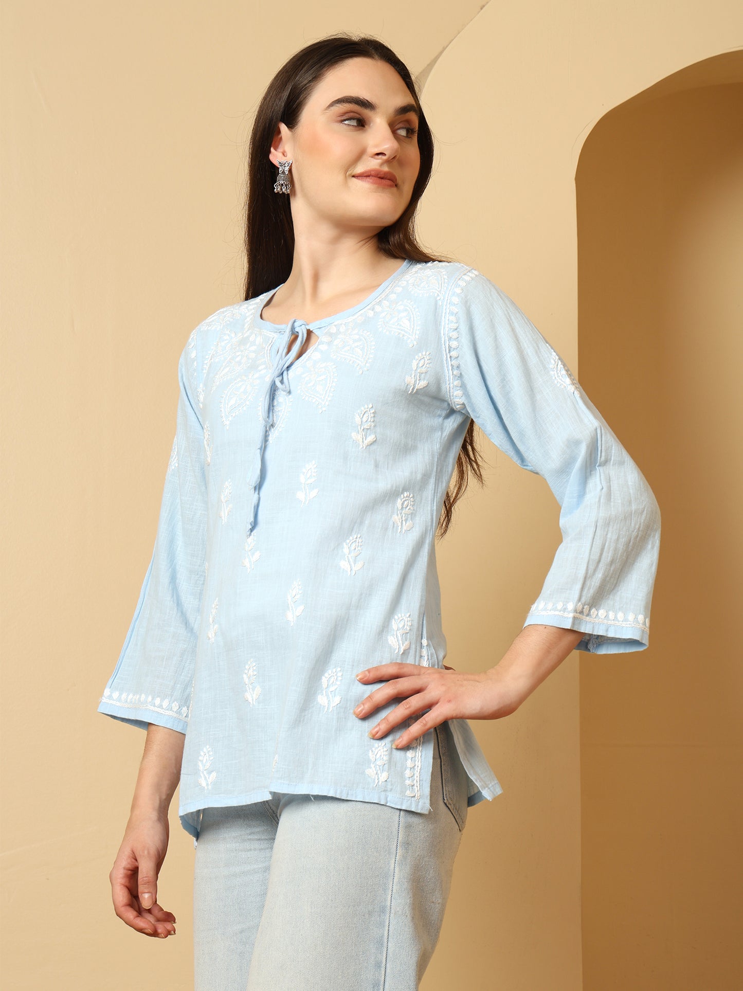 Blue Linen Lucknowi Chikankari Short Kurti for Women with Hand Embroidery – Daily Ethnic Wear Top