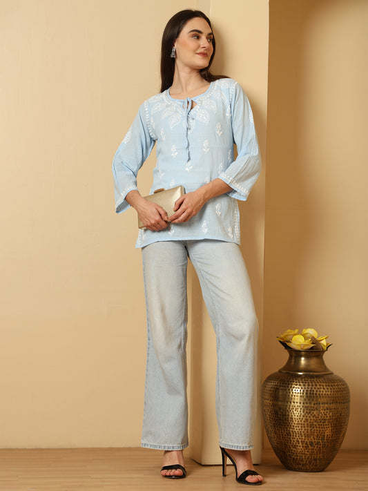 Blue Linen Lucknowi Chikankari Short Kurti for Women with Hand Embroidery – Daily Ethnic Wear Top