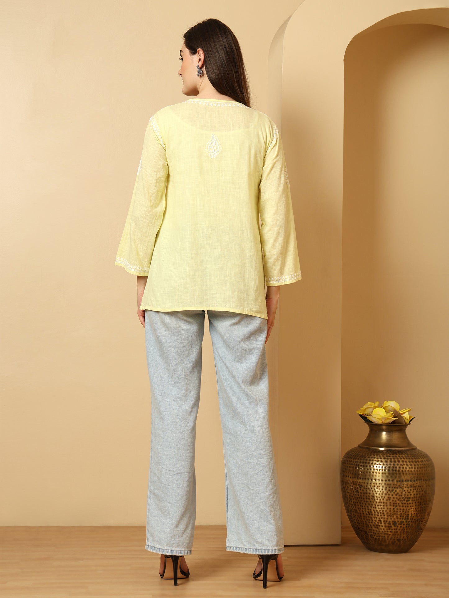 Lemon Yellow Linen Lucknowi Chikankari Short Kurti for Women with Hand Embroidery – Daily Ethnic Wear Top
