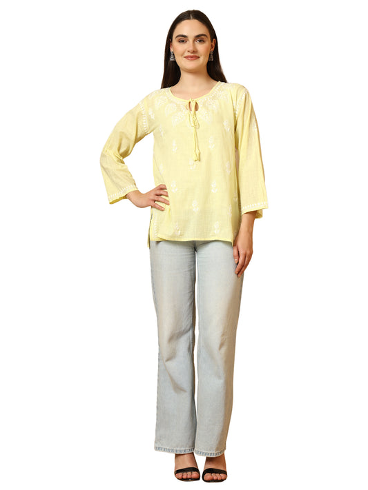Lemon Yellow Linen Lucknowi Chikankari Short Kurti for Women with Hand Embroidery – Daily Ethnic Wear Top
