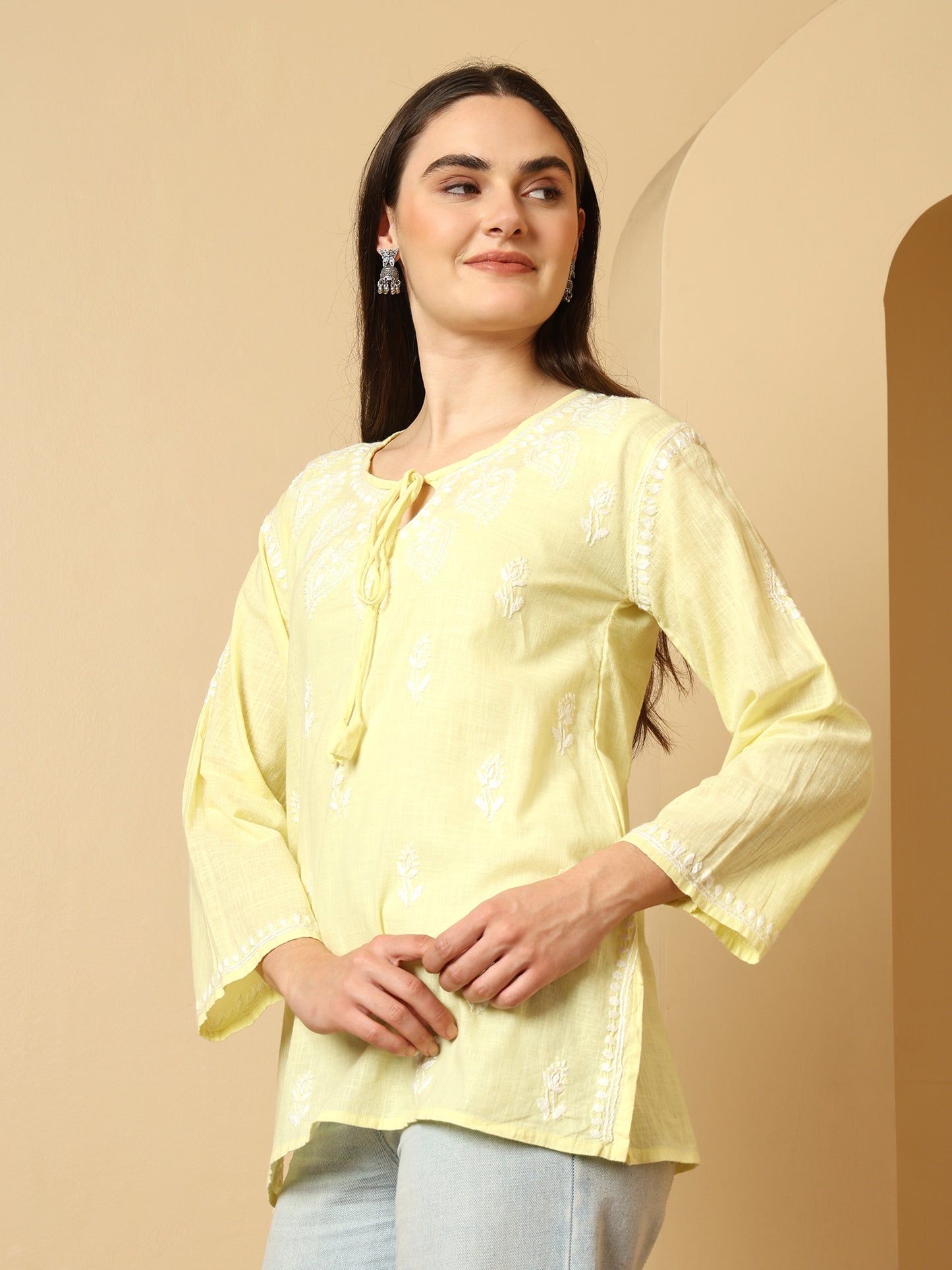 Lemon Yellow Linen Lucknowi Chikankari Short Kurti for Women with Hand Embroidery – Daily Ethnic Wear Top