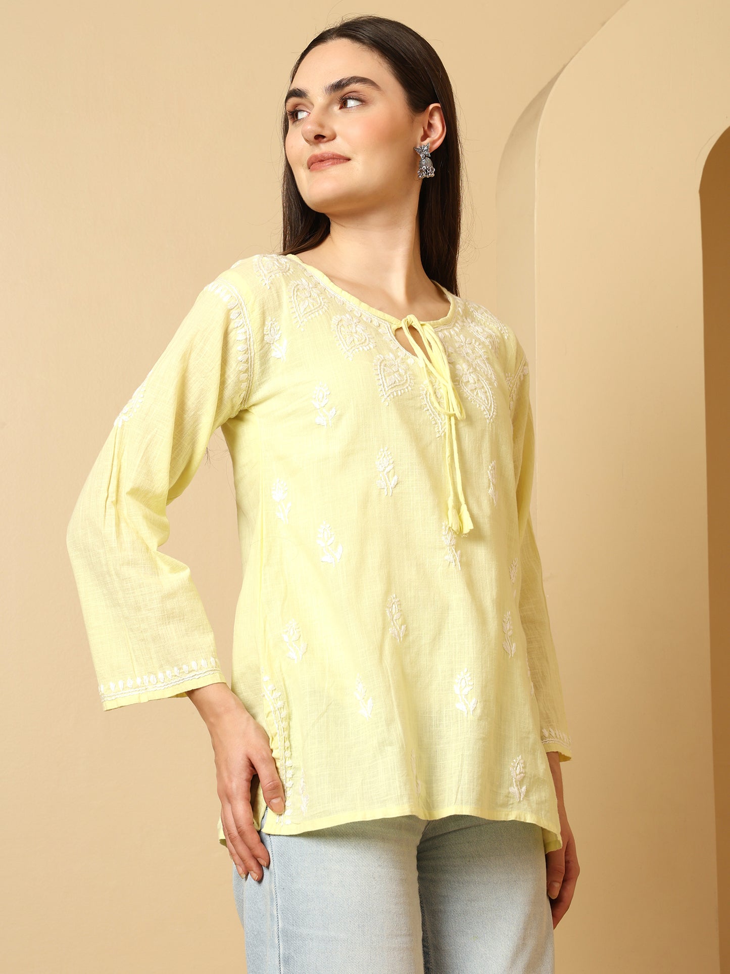 Lemon Yellow Linen Lucknowi Chikankari Short Kurti for Women with Hand Embroidery – Daily Ethnic Wear Top