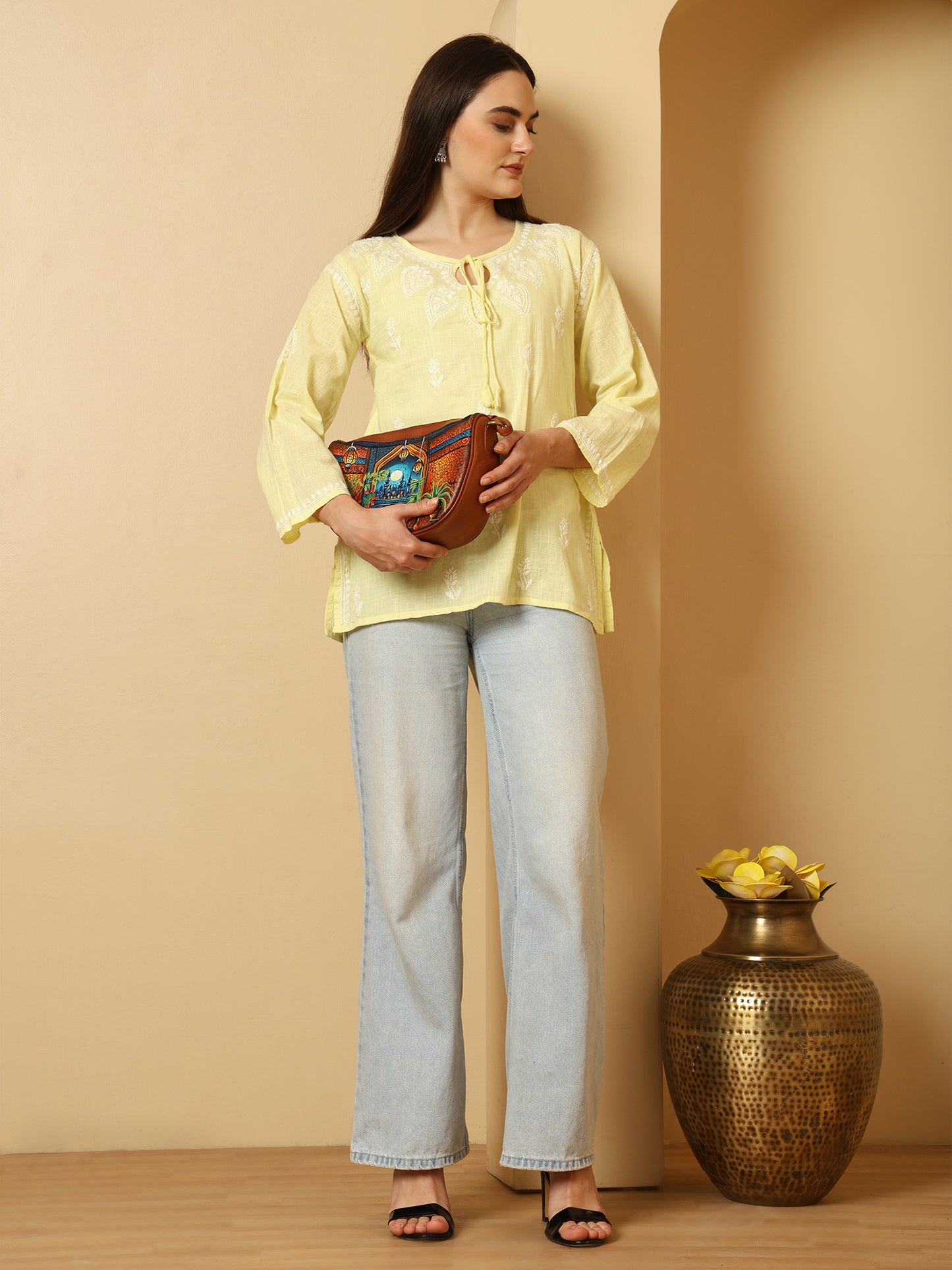 Lemon Yellow Linen Lucknowi Chikankari Short Kurti for Women with Hand Embroidery – Daily Ethnic Wear Top