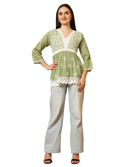 Green Kota Doria Lucknowi Chikankari Short Kurti for Women with Hand Embroidery – Lightweight Ethnic Wear Top