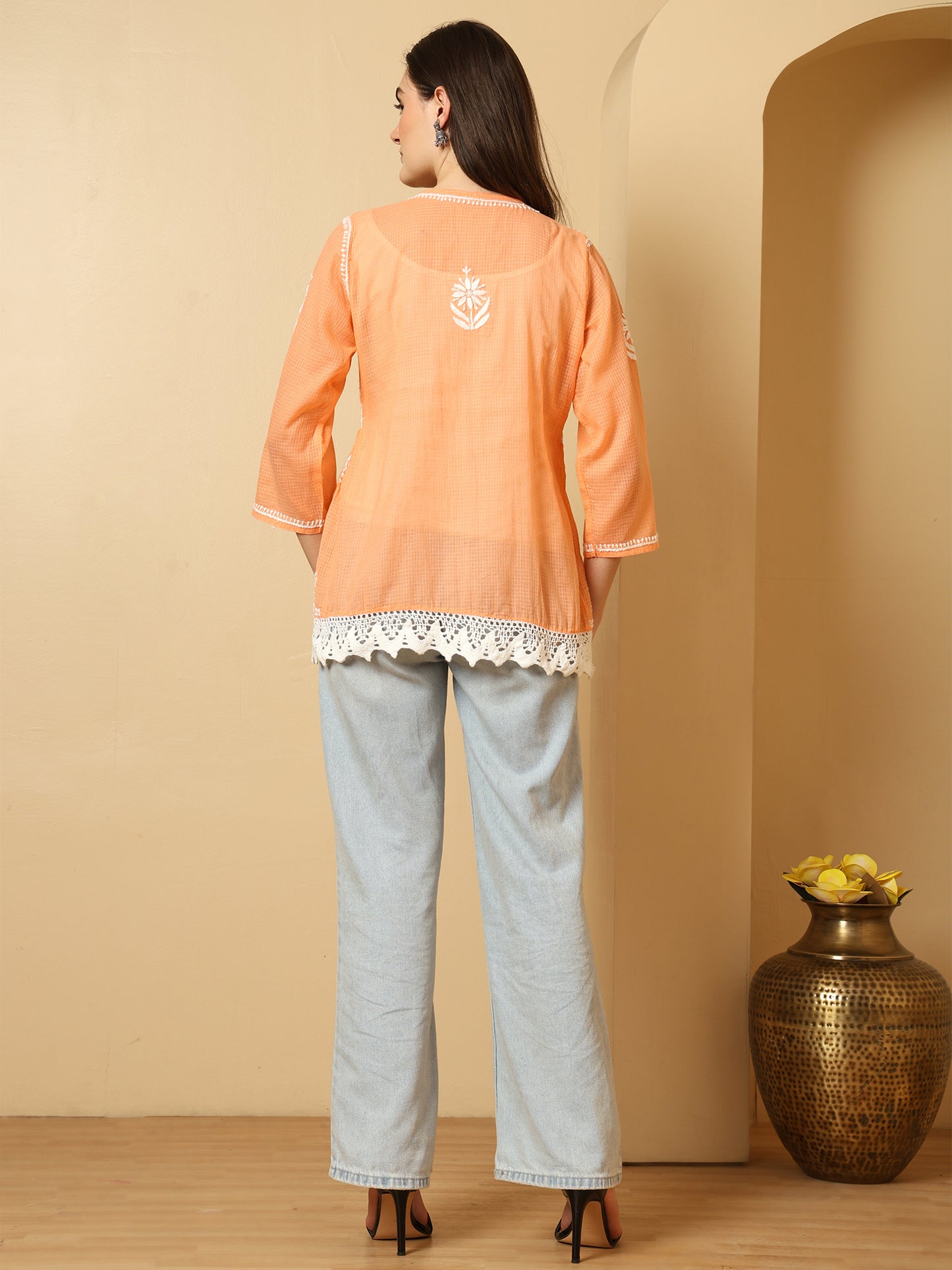 Peach Kota Doria Lucknowi Chikankari Short Kurti for Women with Hand Embroidery – Lightweight Ethnic Wear Top