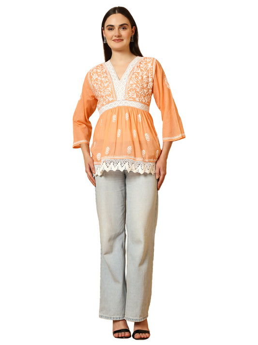 Peach Kota Doria Lucknowi Chikankari Short Kurti for Women with Hand Embroidery – Lightweight Ethnic Wear Top