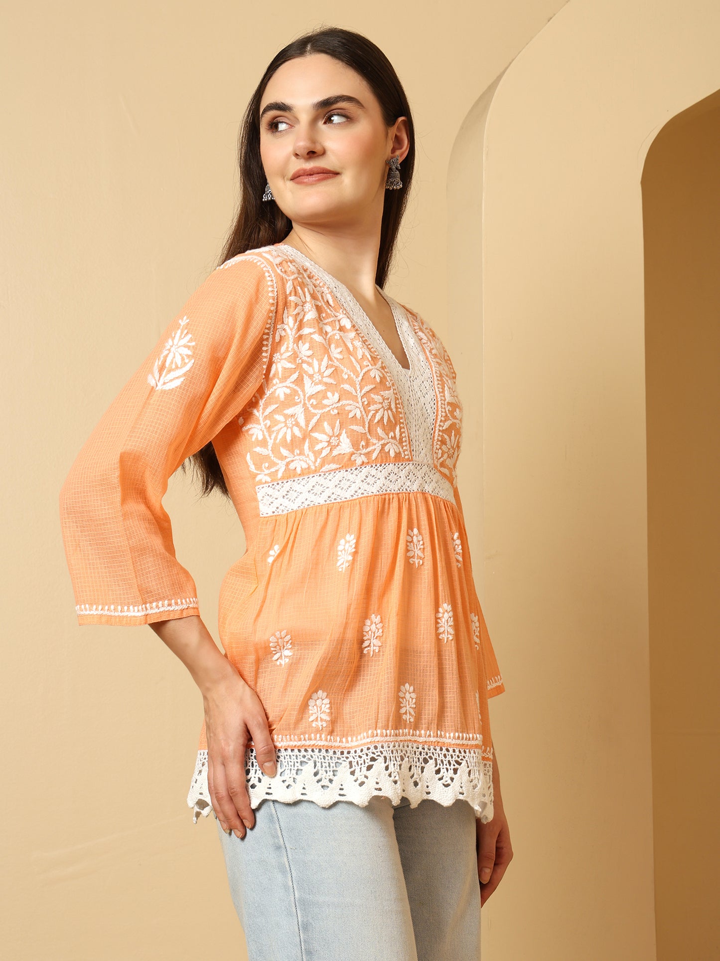 Peach Kota Doria Lucknowi Chikankari Short Kurti for Women with Hand Embroidery – Lightweight Ethnic Wear Top