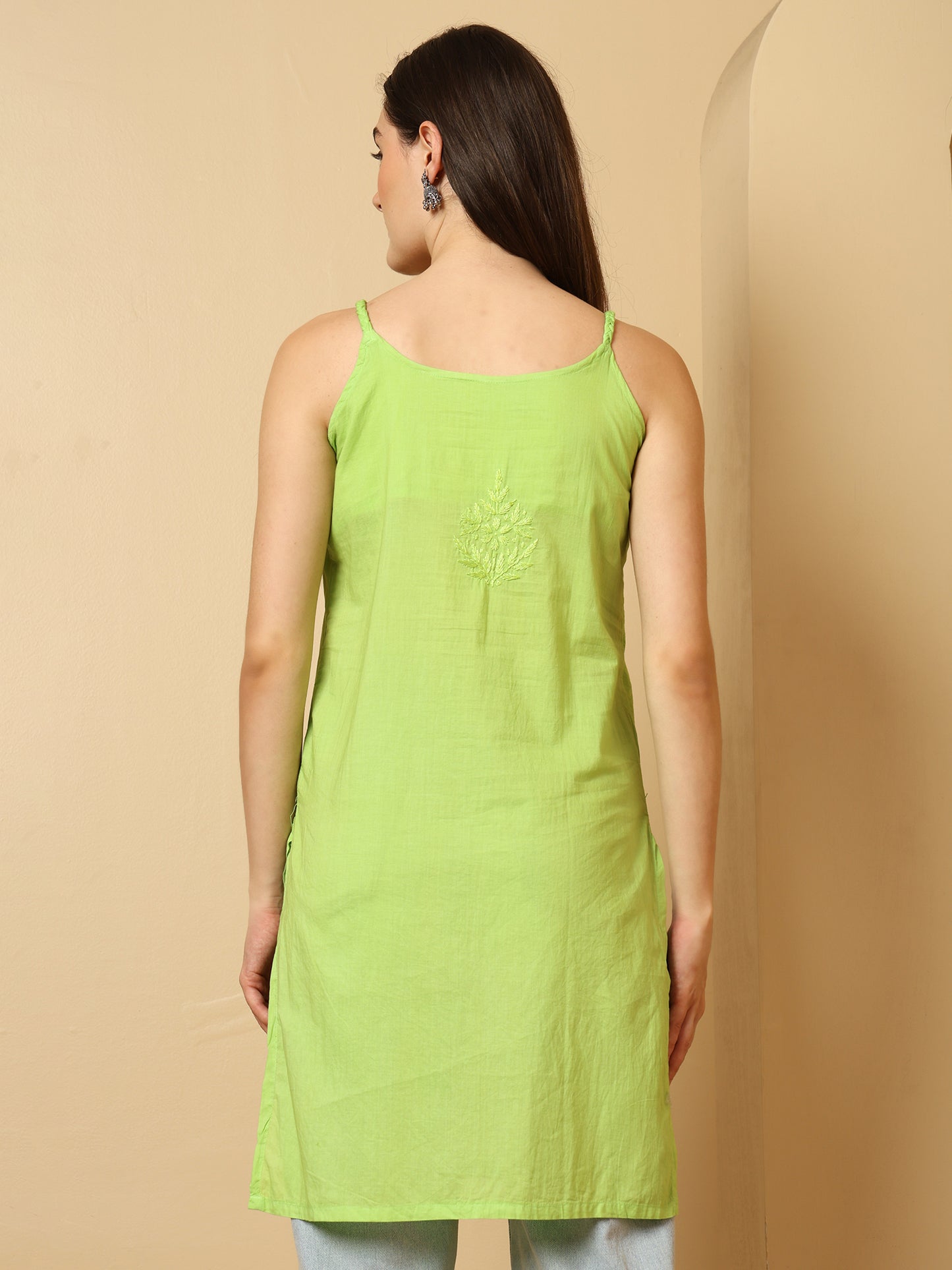 Green Cotton Lucknowi Chikankari Sleeveless Short Kurti for Women with Hand Embroidery – Lightweight Ethnic Wear Top
