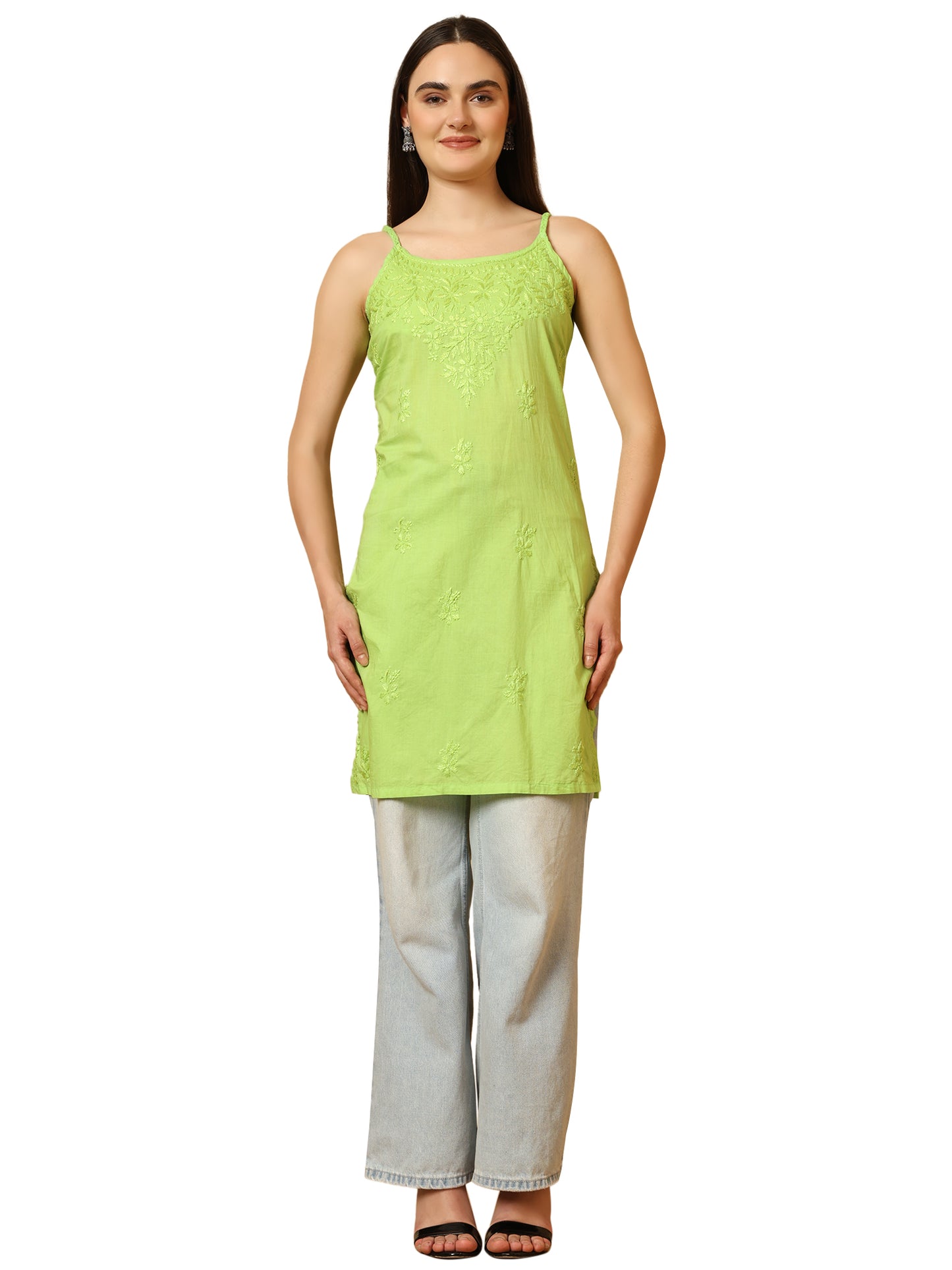 Green Cotton Lucknowi Chikankari Sleeveless Short Kurti for Women with Hand Embroidery – Lightweight Ethnic Wear Top