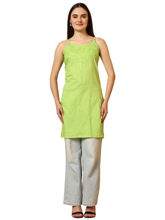 Green Cotton Lucknowi Chikankari Sleeveless Short Kurti for Women with Hand Embroidery – Lightweight Ethnic Wear Top