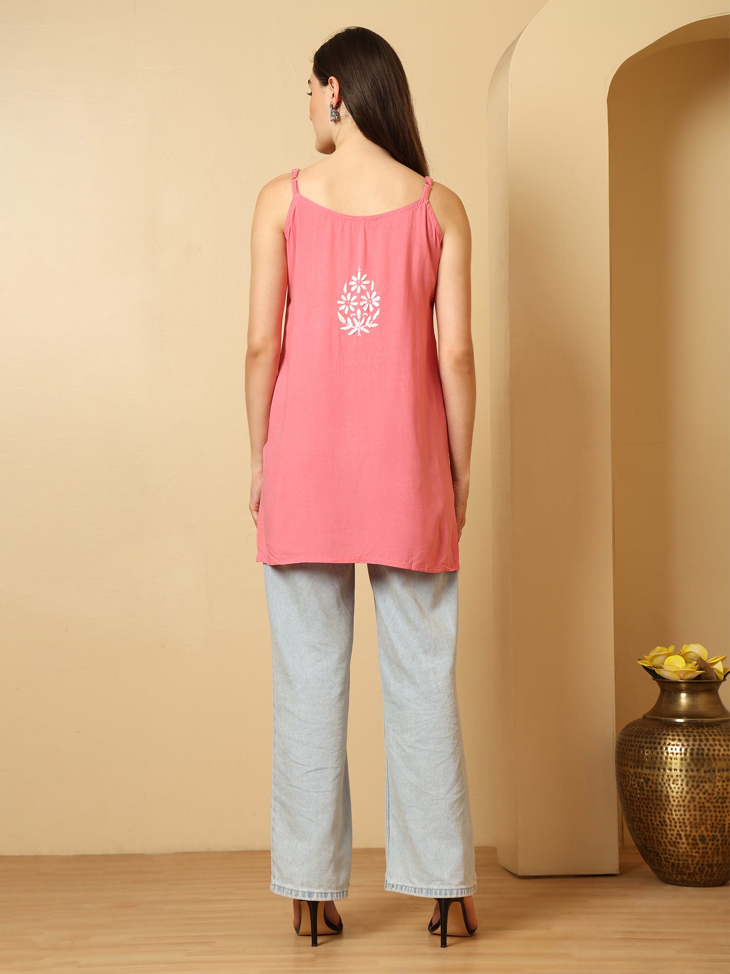 Peach Rayon Lucknowi Chikankari Sleeveless Short Kurti for Women with Hand Embroidery – Ethnic Wear Top
