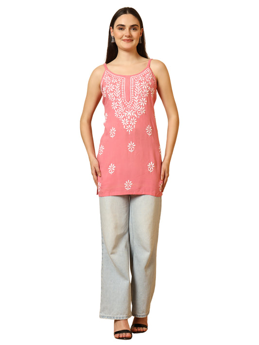 Peach Rayon Lucknowi Chikankari Sleeveless Short Kurti for Women with Hand Embroidery – Ethnic Wear Top