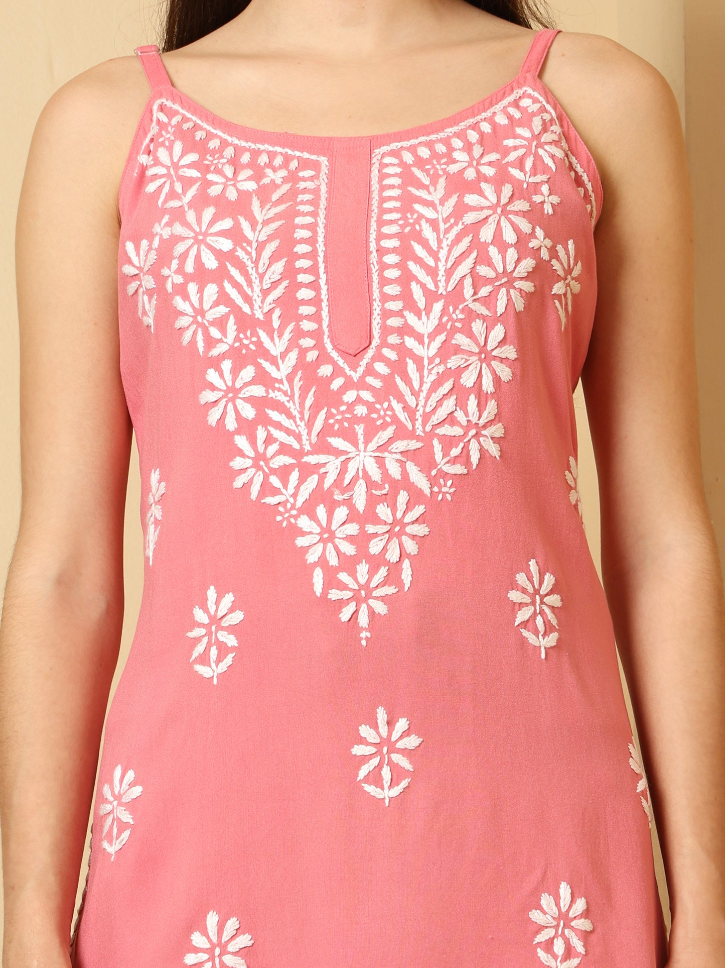 Peach Rayon Lucknowi Chikankari Sleeveless Short Kurti for Women with Hand Embroidery – Ethnic Wear Top