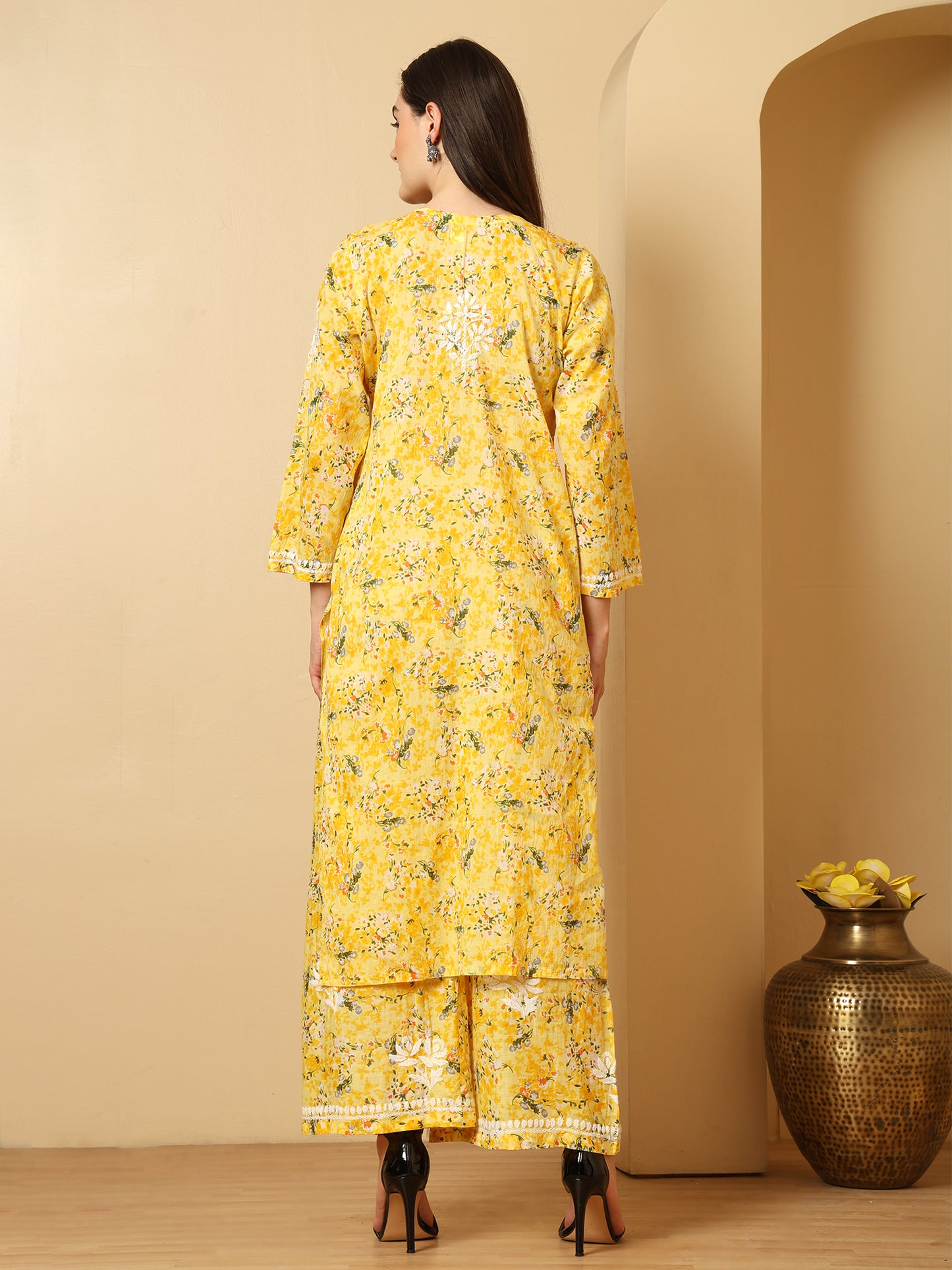Yellow Mul Cotton Lucknowi Chikankari Kurta Palazzo Set for Women with Hand Embroidery – Long Ethnic Wear Suit Set