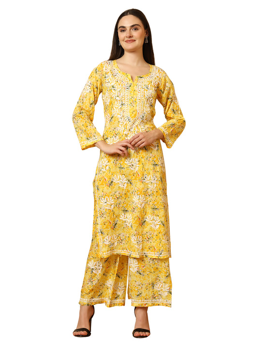 Yellow Mul Cotton Lucknowi Chikankari Kurta Palazzo Set for Women with Hand Embroidery – Long Ethnic Wear Suit Set