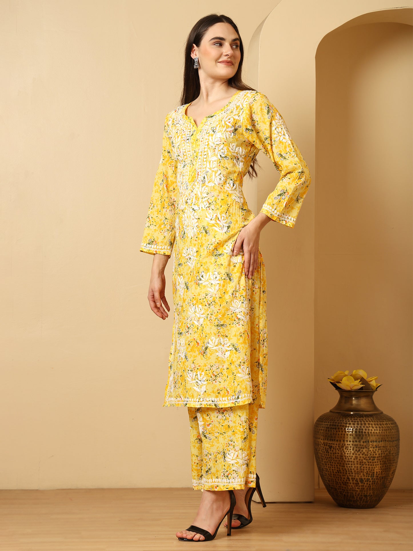Yellow Mul Cotton Lucknowi Chikankari Kurta Palazzo Set for Women with Hand Embroidery – Long Ethnic Wear Suit Set