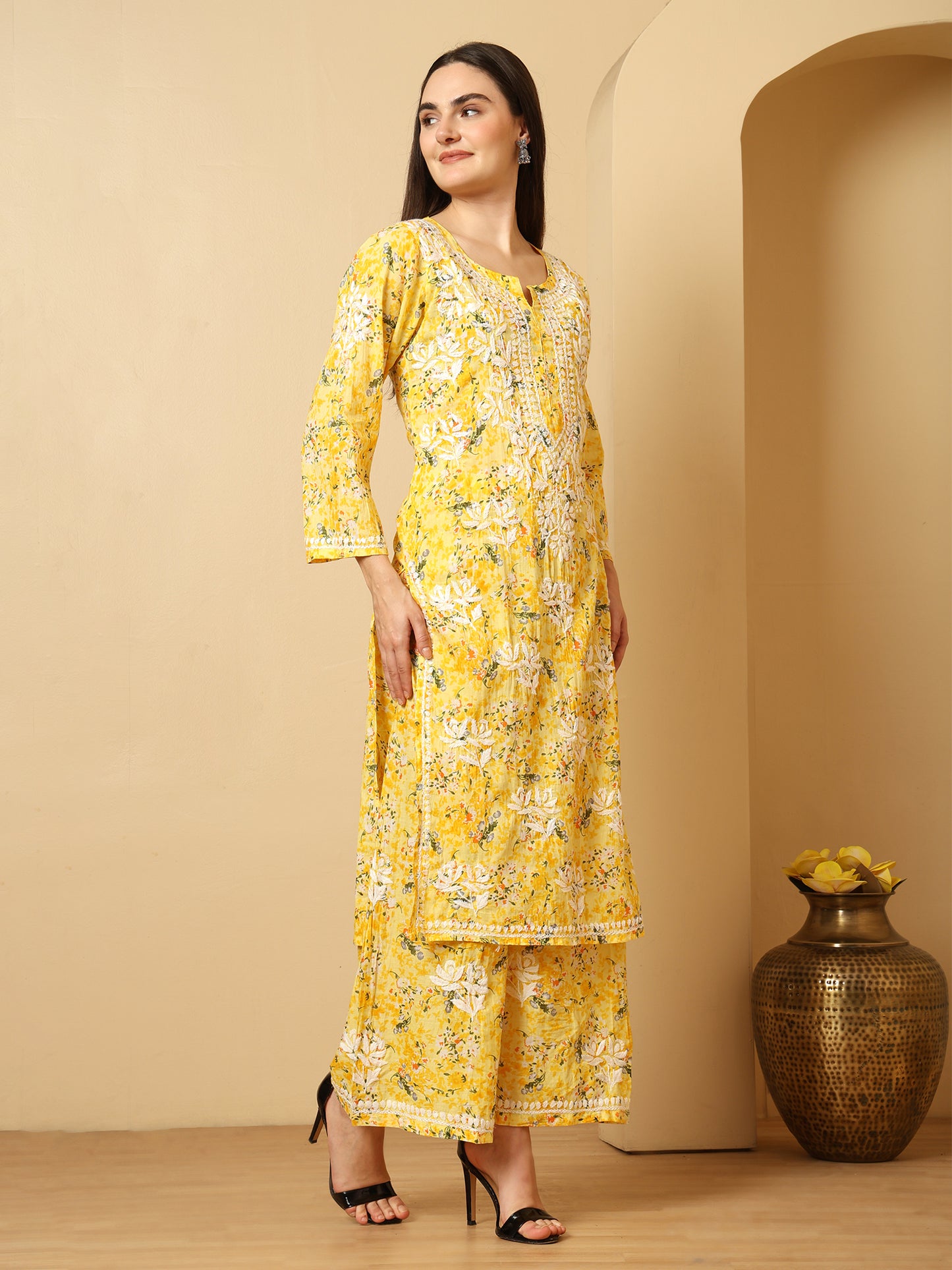 Yellow Mul Cotton Lucknowi Chikankari Kurta Palazzo Set for Women with Hand Embroidery – Long Ethnic Wear Suit Set