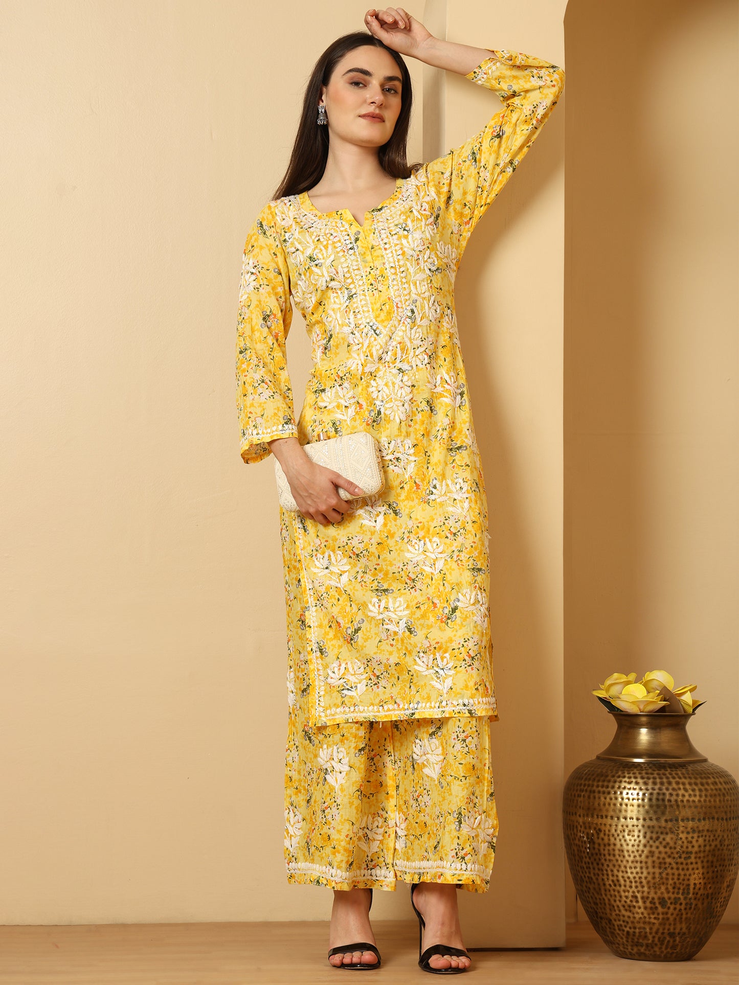 Yellow Mul Cotton Lucknowi Chikankari Kurta Palazzo Set for Women with Hand Embroidery – Long Ethnic Wear Suit Set