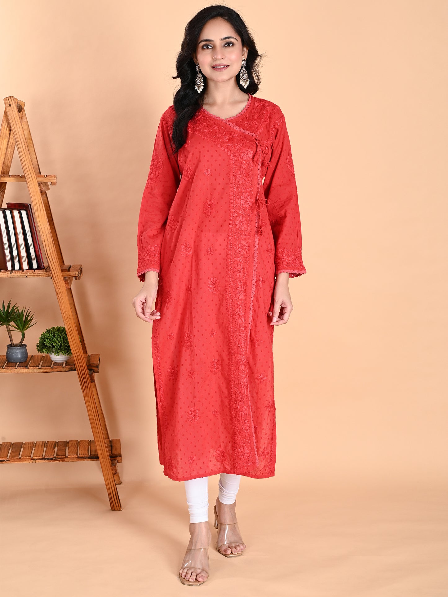 Red Cotton Lucknowi Chikankari Angarkha Kurta for Women with Hand Embroidery – Long Ethnic Daily Wear Kurti