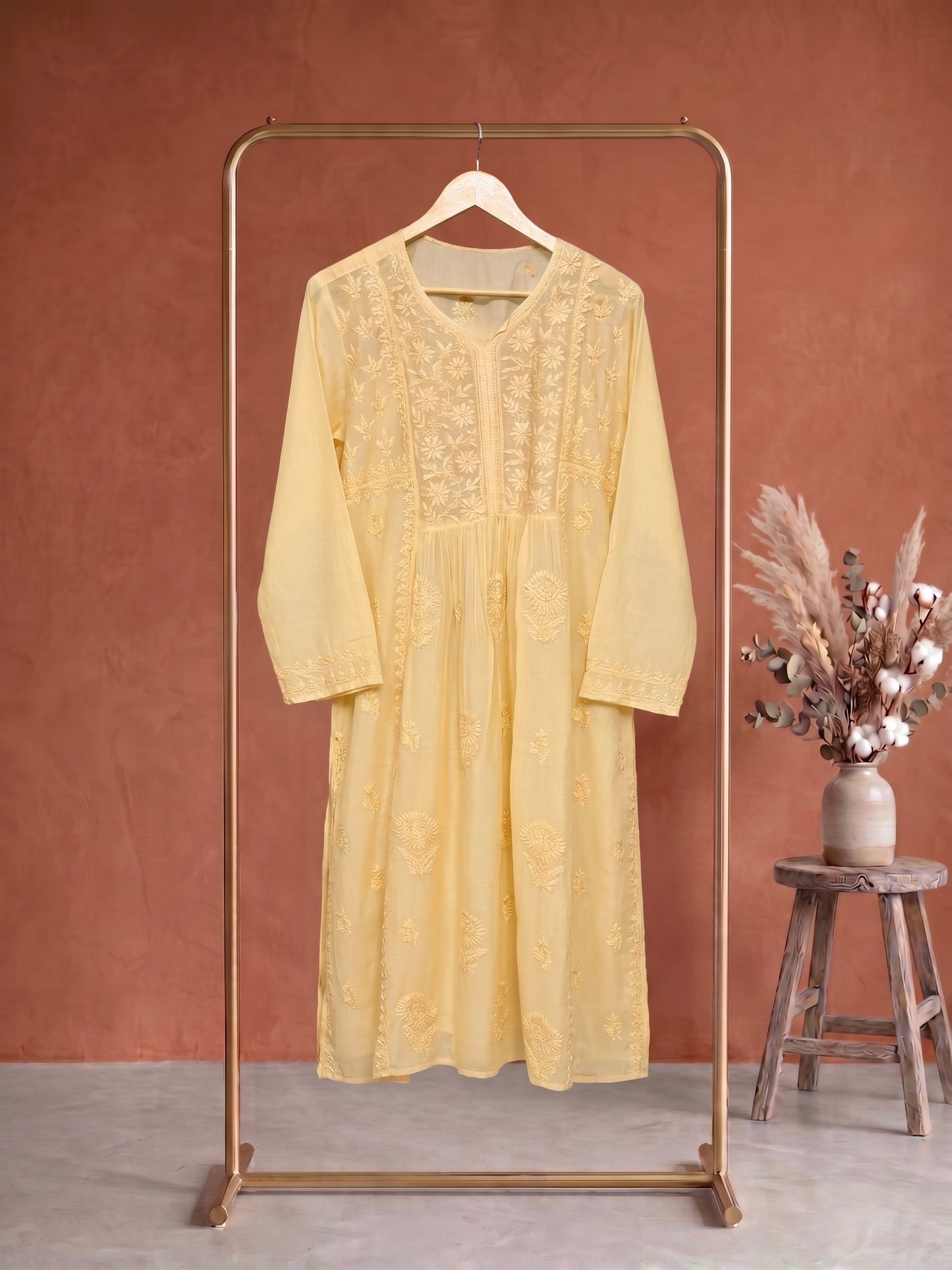 Nazaira Pure Mul Chanderi Semi-Stitched Dress Material for Women with Dupatta | Hand Embroidered Lucknow Chikankari Suit | Naira Cut Gown Style Ethnic Wear | Heavy Cutdana Handwork | Cream