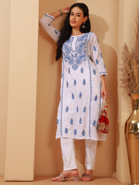 Nazaira Cotton Chikankari Kurta for Women | White Long Kurti with Blue Hand Embroidery | Lucknowi Chikankari Handwork Ethnic Wear | Handmade Cotton Kurta with Pocket