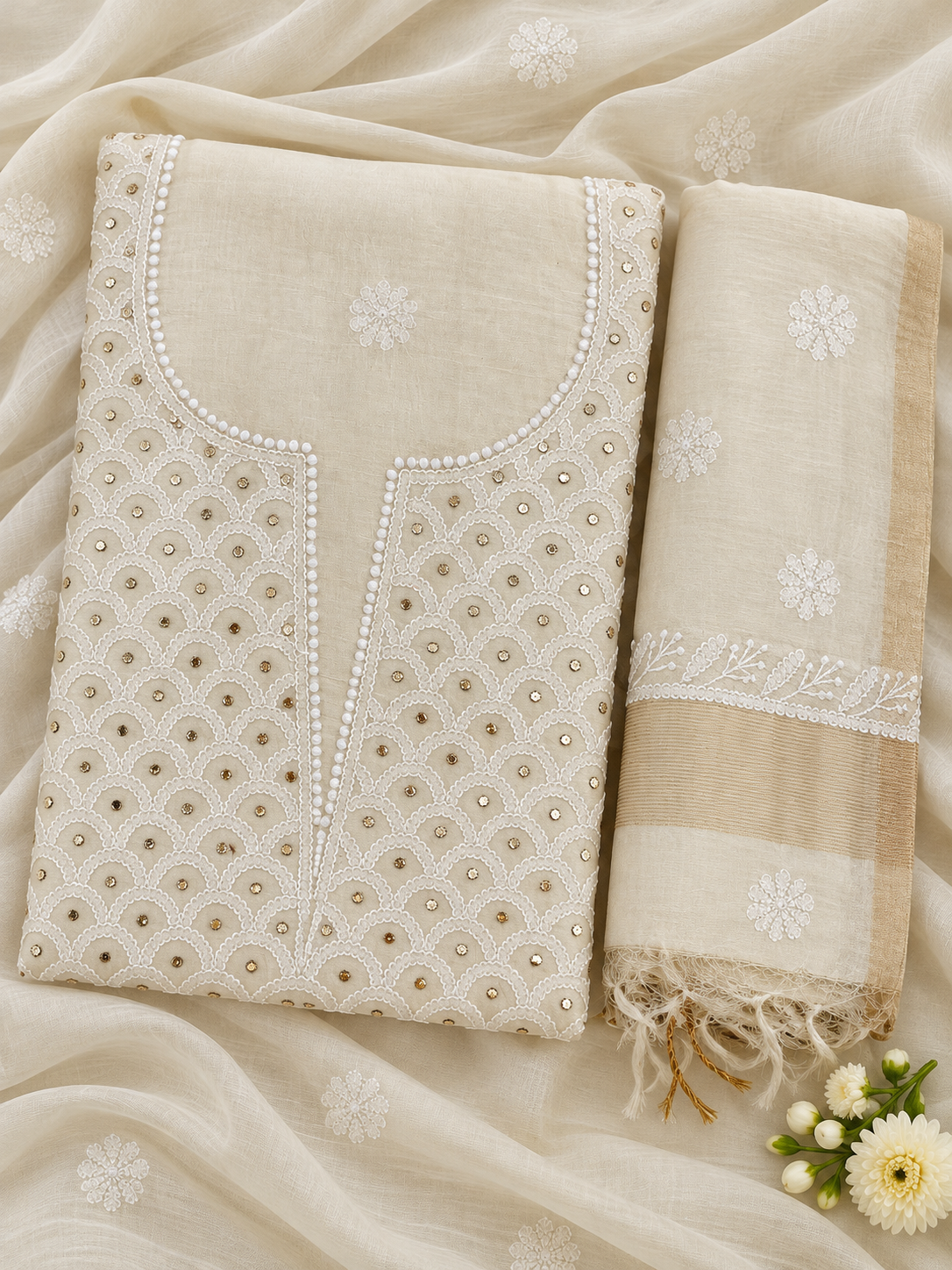 NAZAIRA Women's Cream Silk Chanderi Unstitched Suit Material with Dupatta | 2 Piece Lucknow Chikankari | Hand Embroidery with Mukaish Work and Glass Gala Neck Design | Festive, Wedding, Ethnic