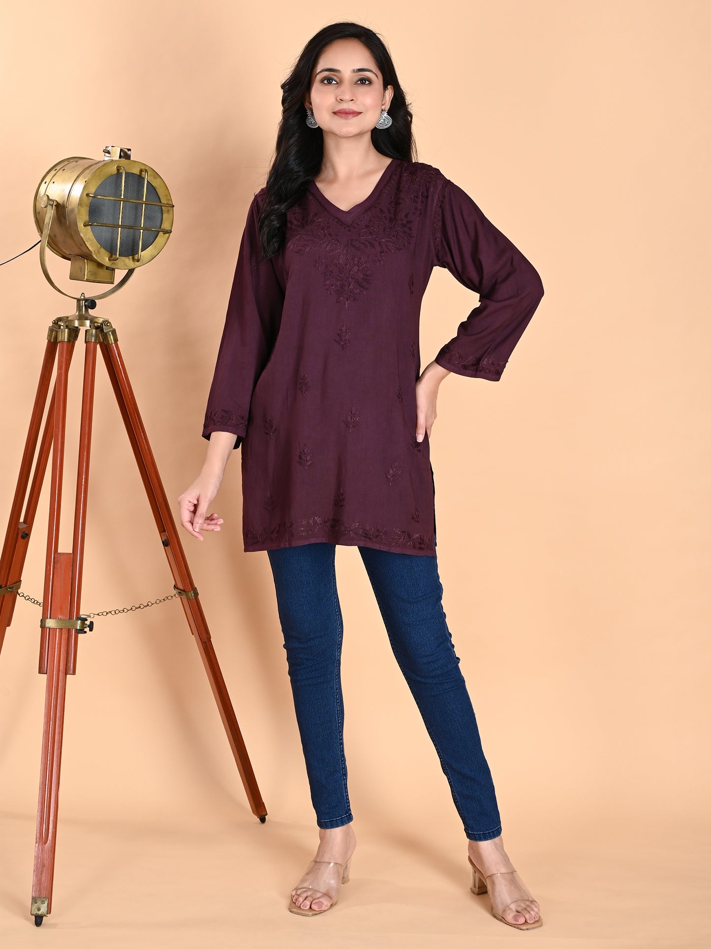 Wine Rayon Lucknowi Chikankari Short Kurti for Women with Hand Embroidery – Ethnic Daily Wear Tunic Top