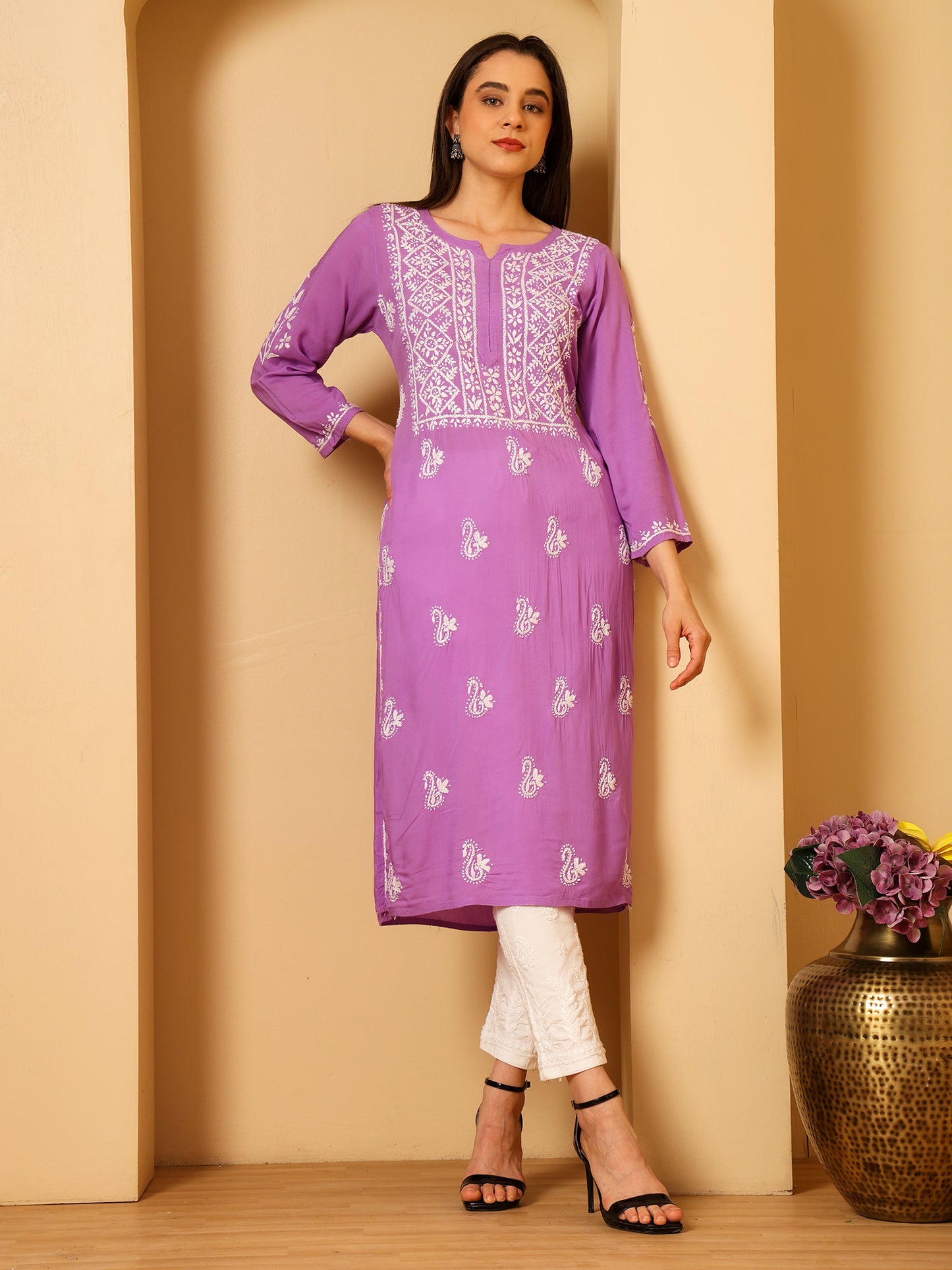 Nazaira Women’s Modal Chikankari Kurta Lavender | Hand Embroidered Lucknowi Chikankari Kurti | Ethnic Wear Long Kurta for Women | Lightweight Breathable Daily & Festive Wear