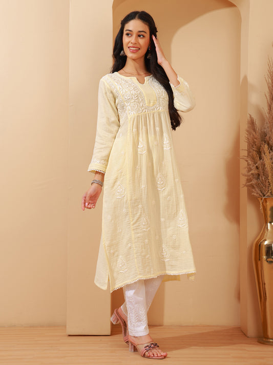Nazaira Women's Cream Cotton Chikankari Kurta | Lucknowi Hand Embroidered Long Kurti with Pockets | Double Gauze Cotton Ethnic Wear | Modern Traditional Handwork Kurta