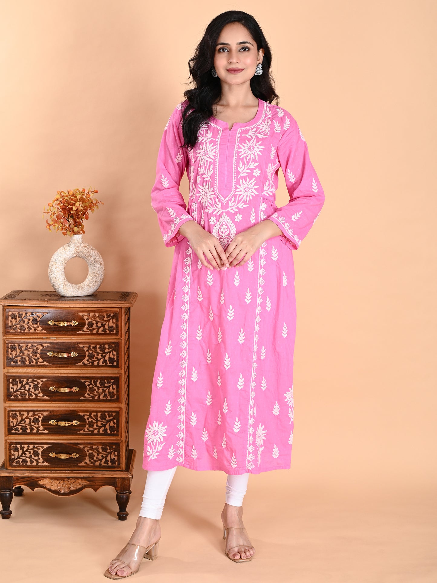 Pink Cotton Lucknowi Chikankari Long Gown Style Kurta for Women with White Hand Embroidery – Ethnic Wear Kurti