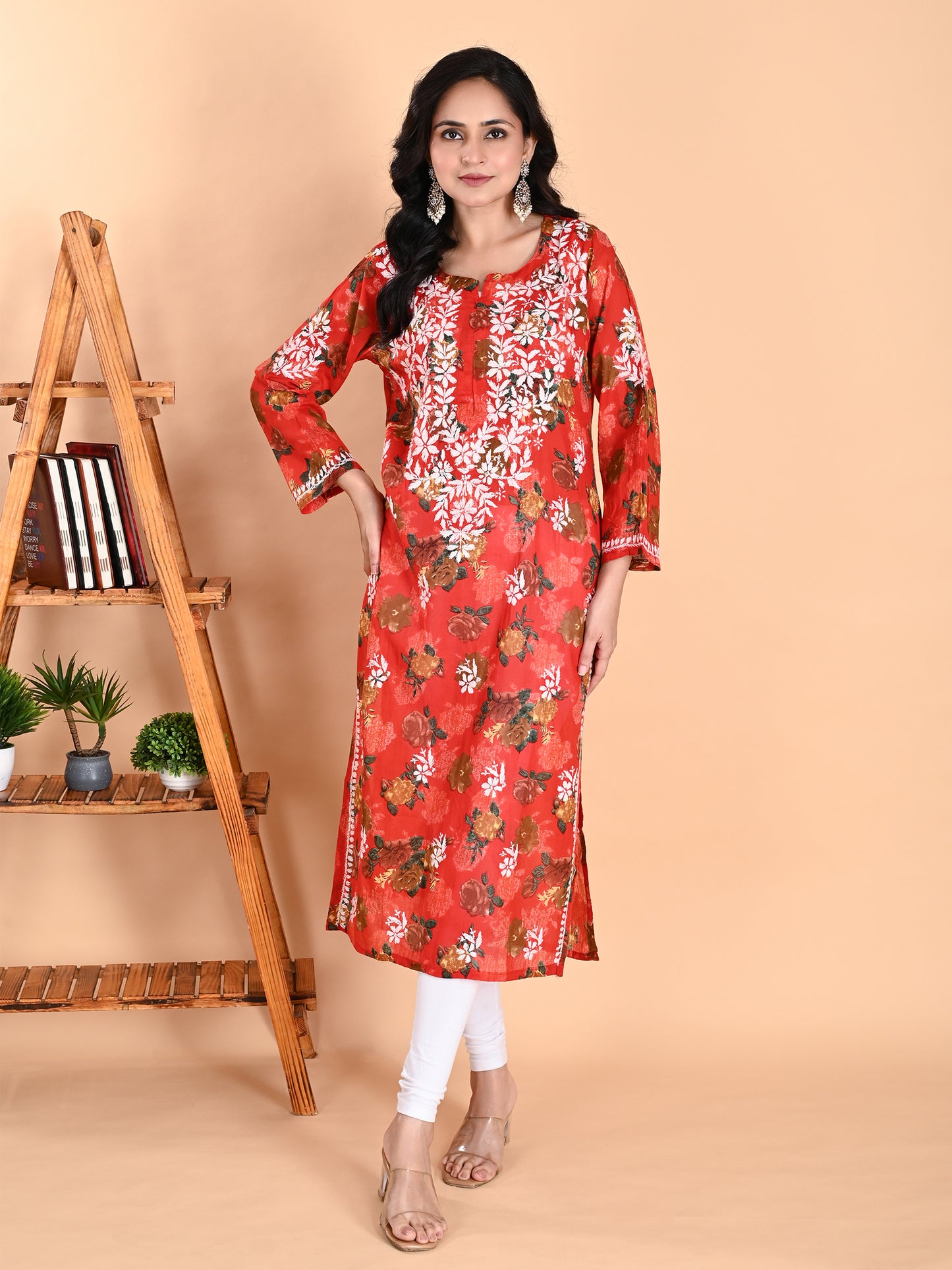 Red Mul Cotton Lucknowi Chikankari Floral Printed Long Kurti for Women with Hand Embroidery – Elegant Ethnic Wear Kurta