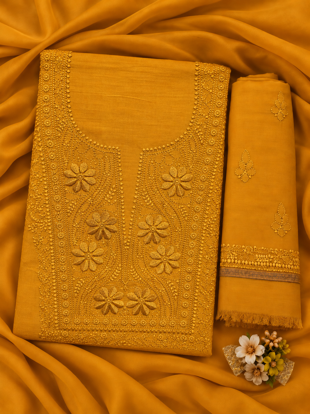 NAZAIRA Women's Mustard Silk Chanderi Unstitched 2-Piece Suit (Kurta Fabric & Dupatta) | Hand Embroidered Lucknow Chikankari | Glass Gala Neck Work, All-Over Buti | Wedding & Festive