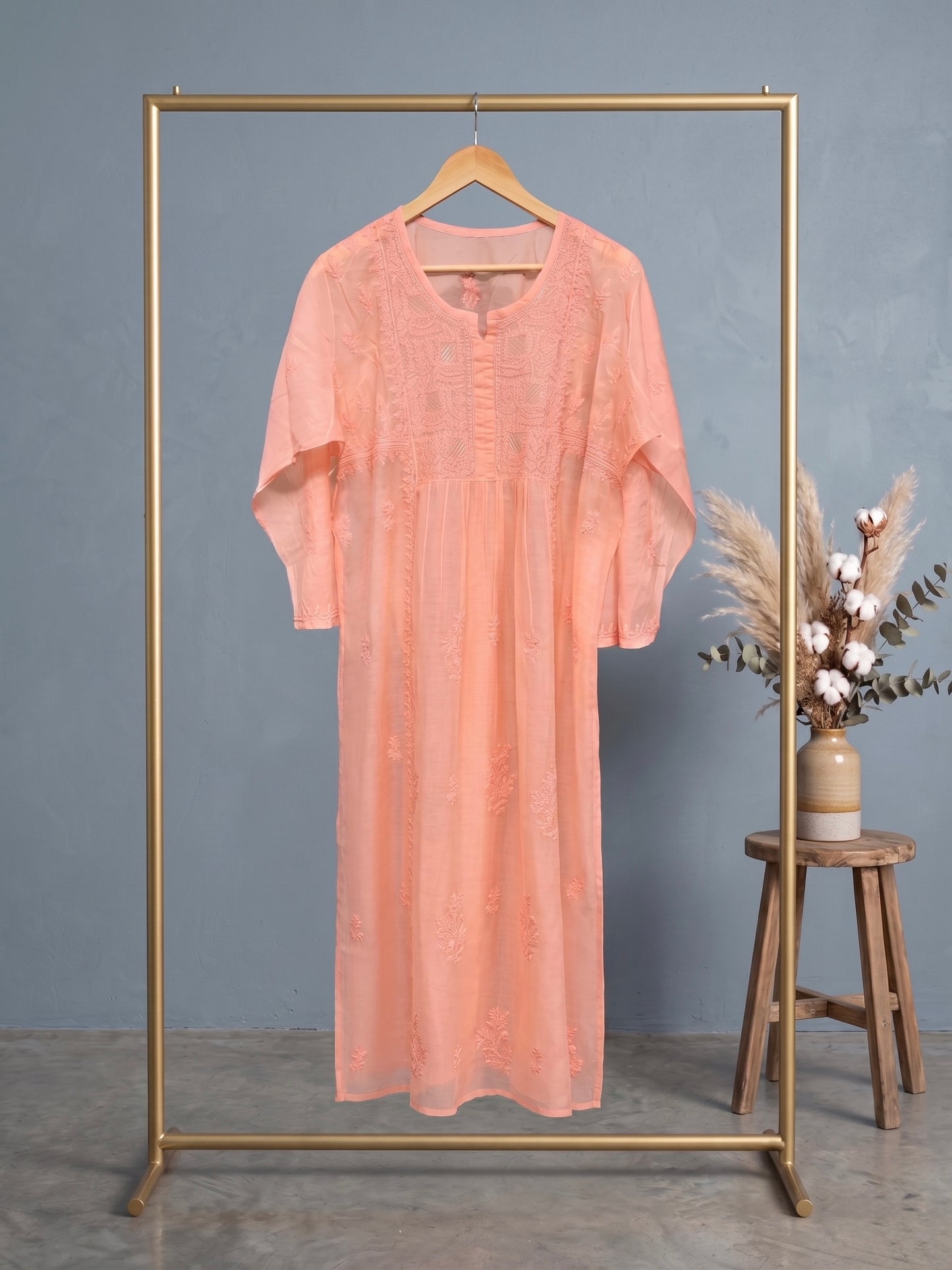 Nazaira Pure Mul Chanderi Semi-Stitched Lucknow Chikankari Suit for Women with Dupatta | Hand Embroidered Naira Cut Gown Style Dress Material | Heavy Cutdana Work | Ethnic Wear | Pastel Peach |