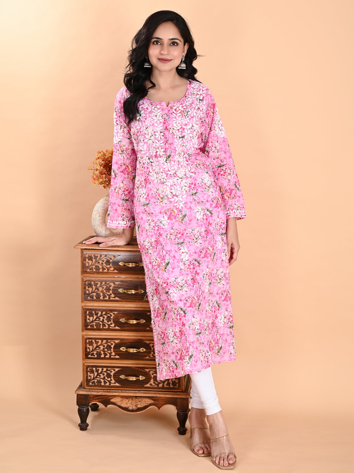 Pink Mul Cotton Lucknowi Chikankari Floral Printed Long Kurti for Women with Hand Embroidery – Elegant Ethnic Wear Kurta