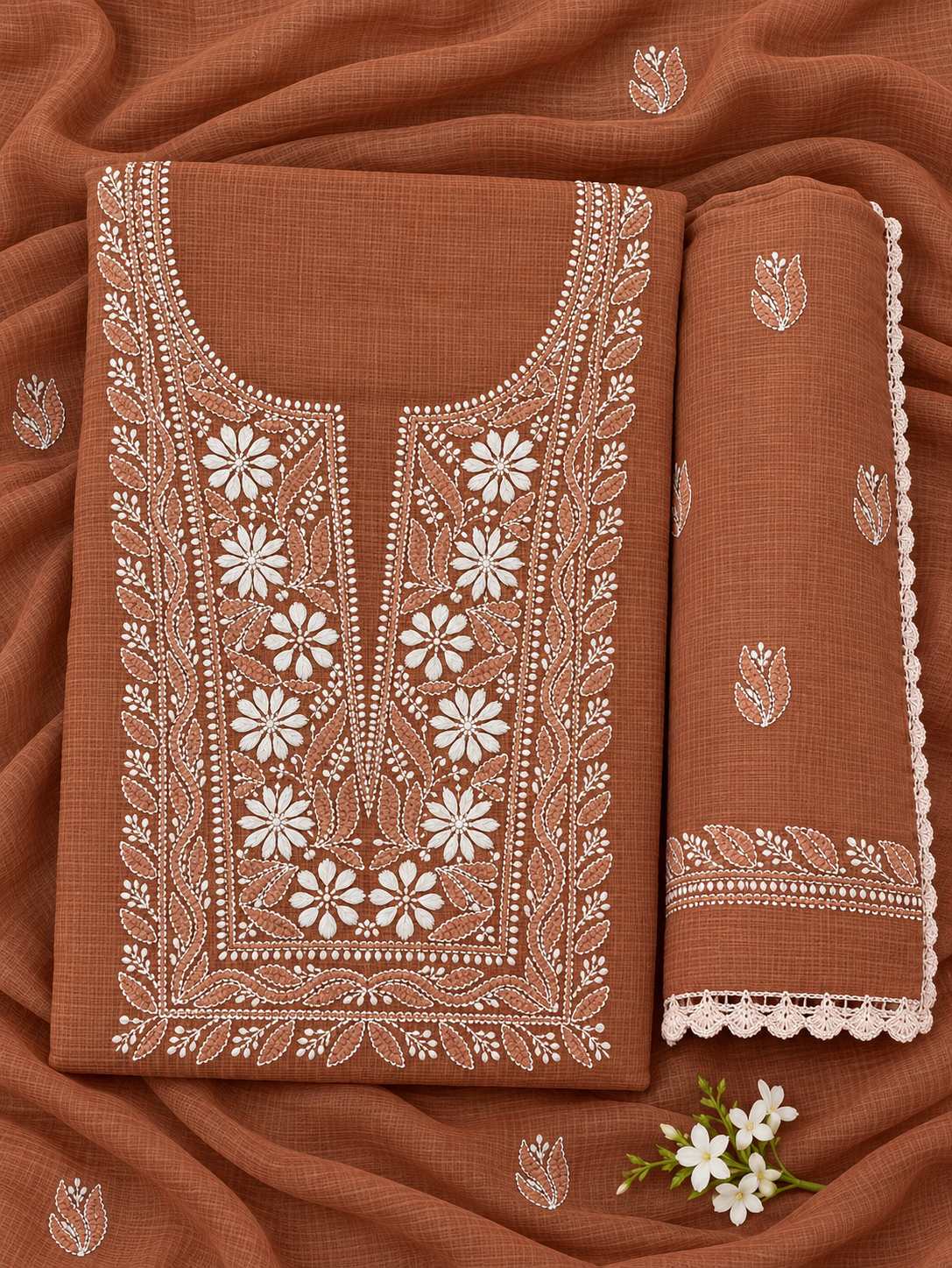 Women's Terracotta Brown Kota Cotton Unstitched 2 Piece Suit Dress Material with Dupatta | Lucknowi Chikankari Hand Embroidery | Glass Gala Neck, Heavy Dupatta Work | Pooja Wedding Festive